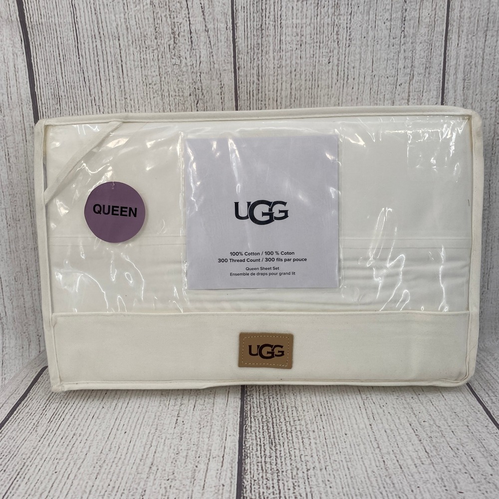 UGG Iona Sheet Set Queen Bright White 100% Cotton 300 Thread Count Minimalist
